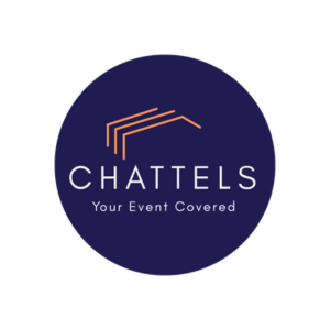 Chattels logo: dark blue circle with orange lines forming a roof shape and text "CHATTELS Your Event Covered