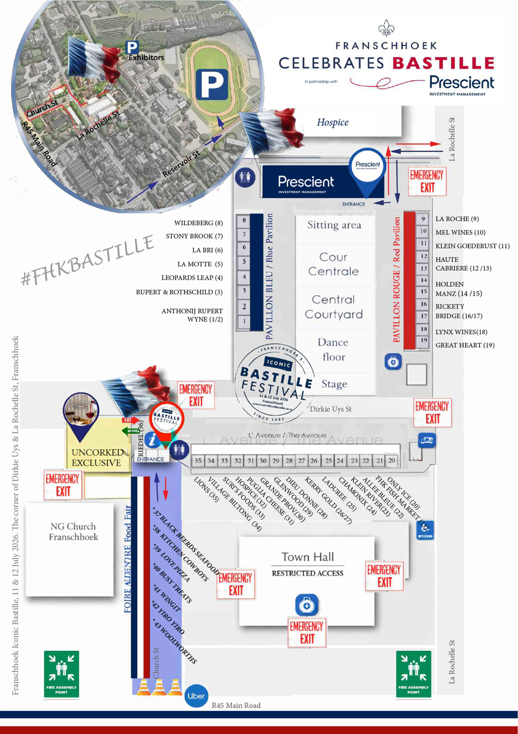Map of Franschhoek Bastille Festival with event locations, stages, and map of the venue.