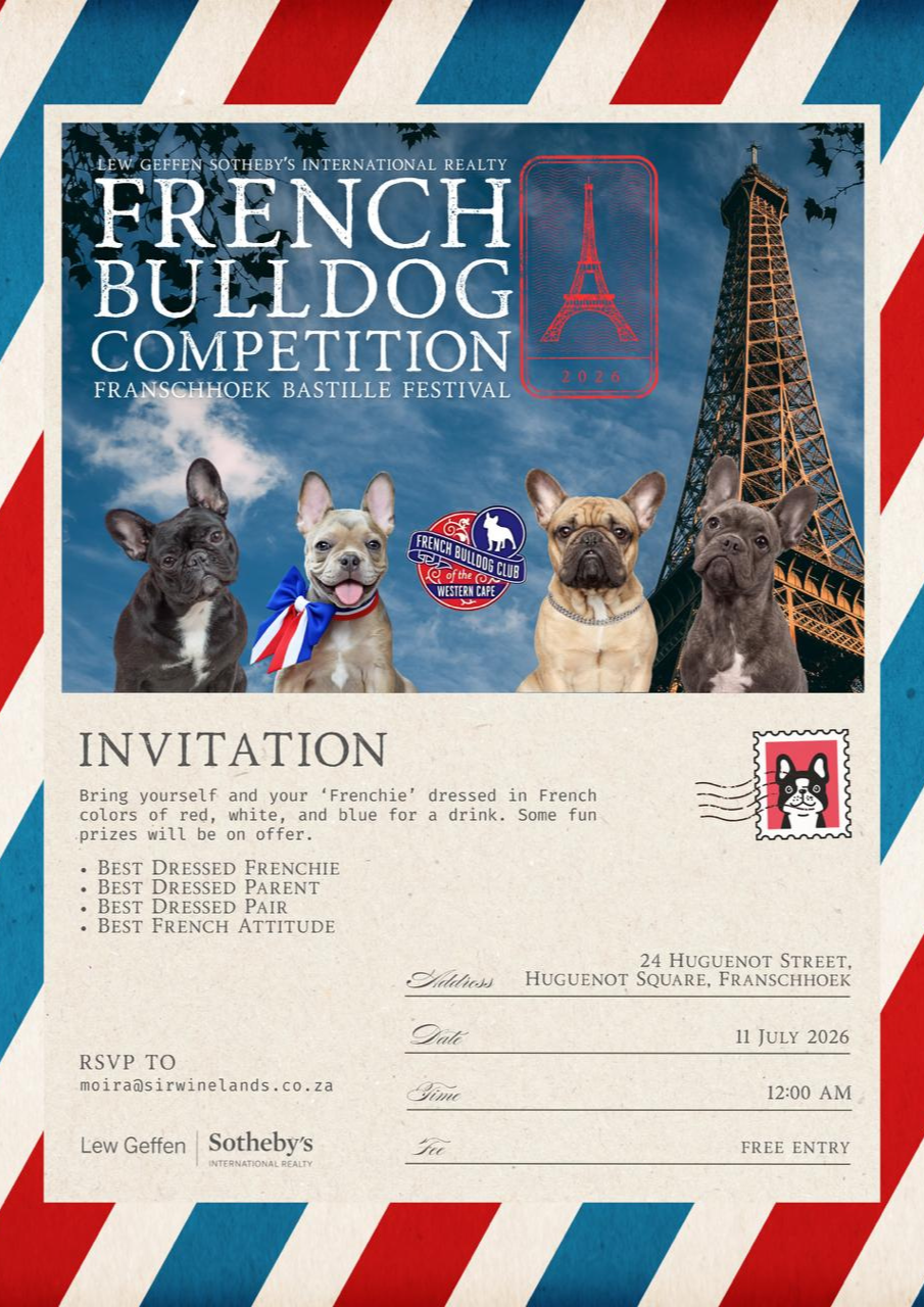 French Bulldog Competition Poster for Franschhoek Bastille Festival 2026